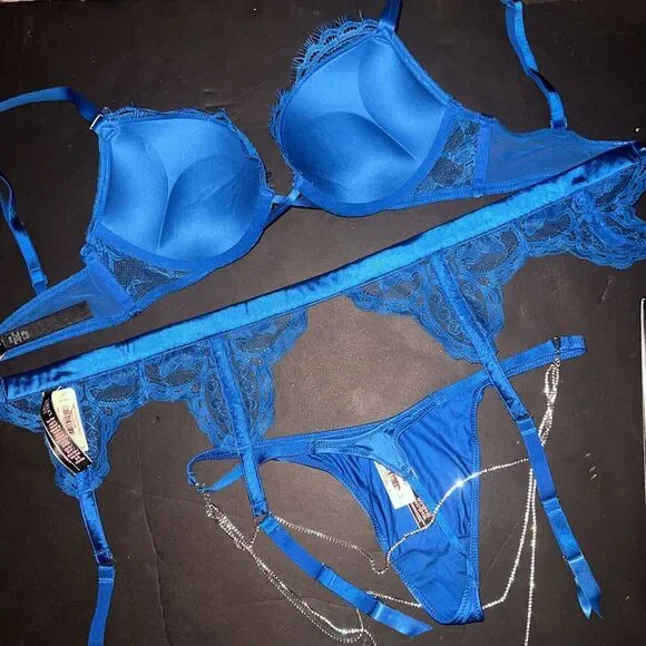 Victoria's Secret 32A,32B,32C BOMBSHELL BRA SET+GARTER NEON BLUE SHINE STRAP